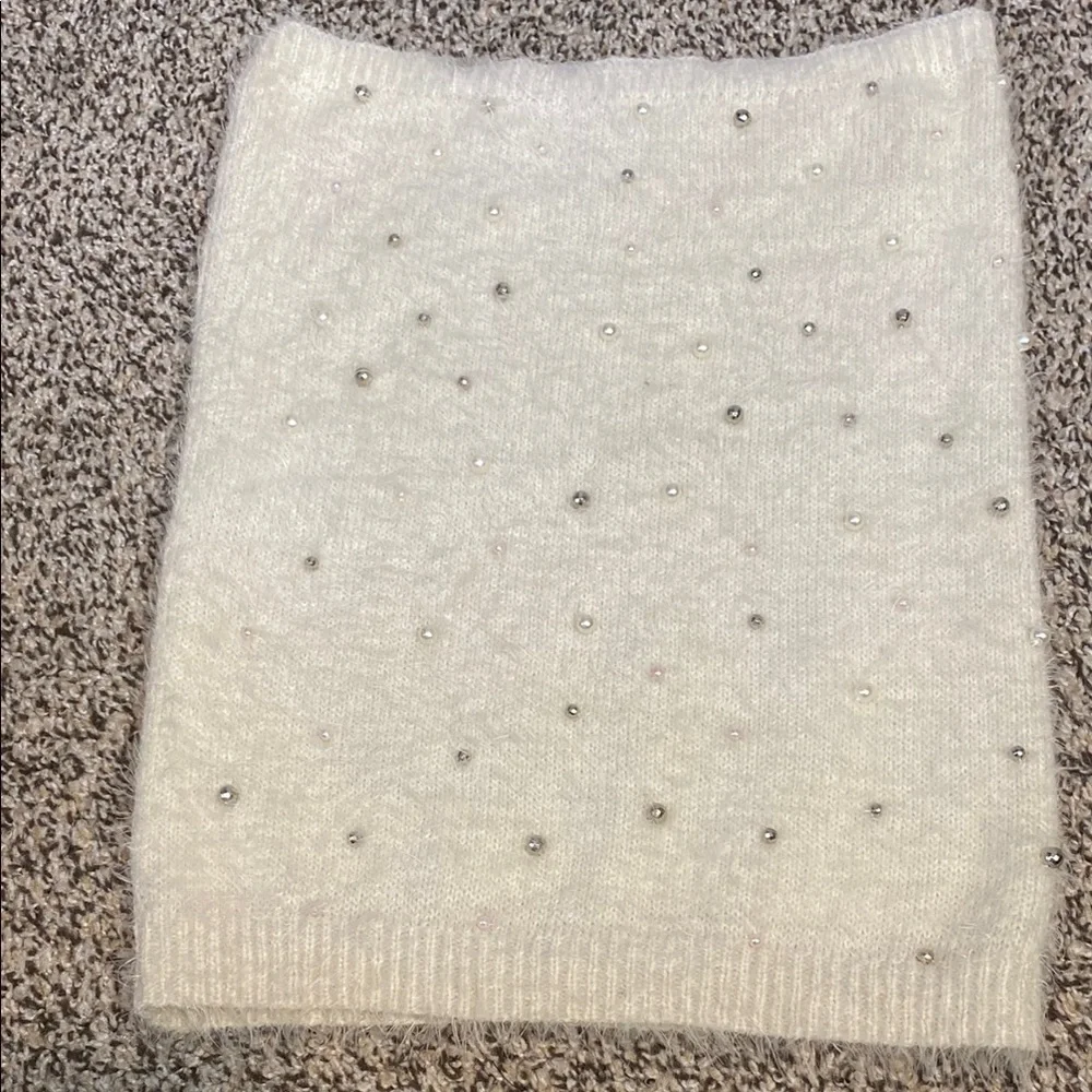 Betsey Johnson Cream Knit Infinity Scarf with Pearl and silver beads
